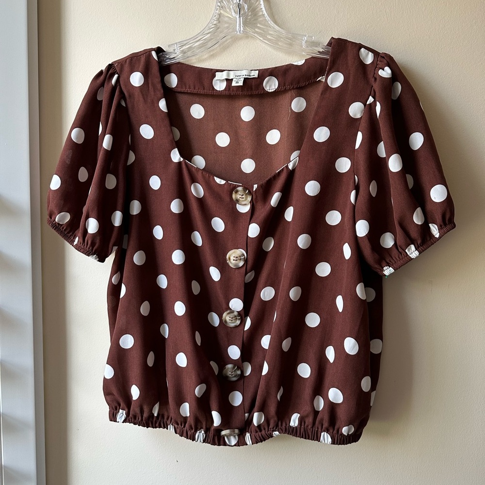 june & hudson Brown Polka Dot Button Front Blouse